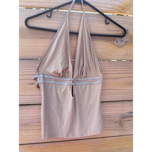 Habran Tan Halter Top Deep Plunge Metallic Silver Trim Open Back Large USA Made
